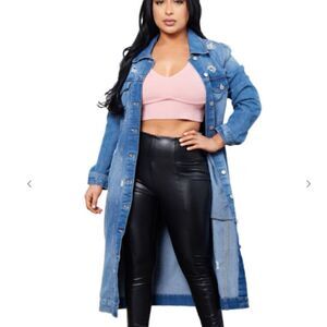 Blue Denim Full Length Distressed Maxi Long Jacket Shacket Boho Trendy Jean Coat